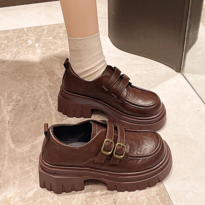 Platform British Style Small Leather Shoes Women's 2024 New Spring and Autumn One-pedal Black Single Shoes Retro Women's Shoes Loafers