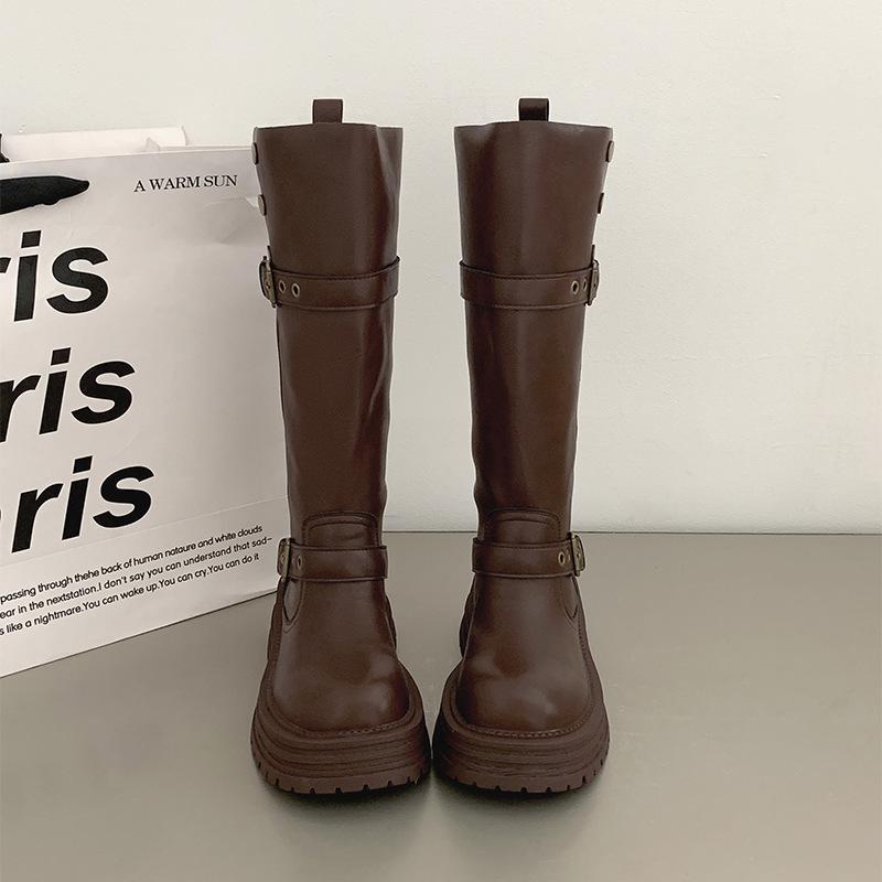 

Коричневые сапоги на платформе и толстом каблуке в ретро-британском стиле для женщин, новинка весны и осени 2025 года, но рыцарские сапоги высотой до колена 39 хаки