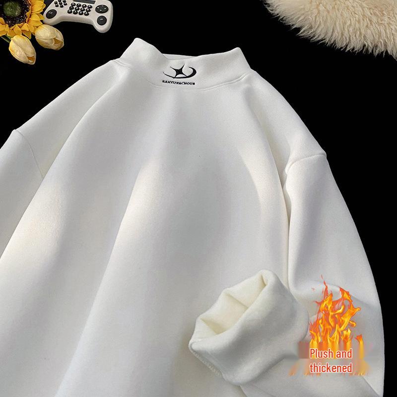 Men's Fleece Half-High Collar Sweatshirt, Velvet-Thickened, Loose Fit, Long Sleeve, Perfect for Autumn/Winter 2025.
