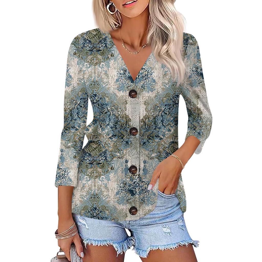 Women's Fashion Casual Print Button-down Shirt 3/4 Long Sleeve Tops