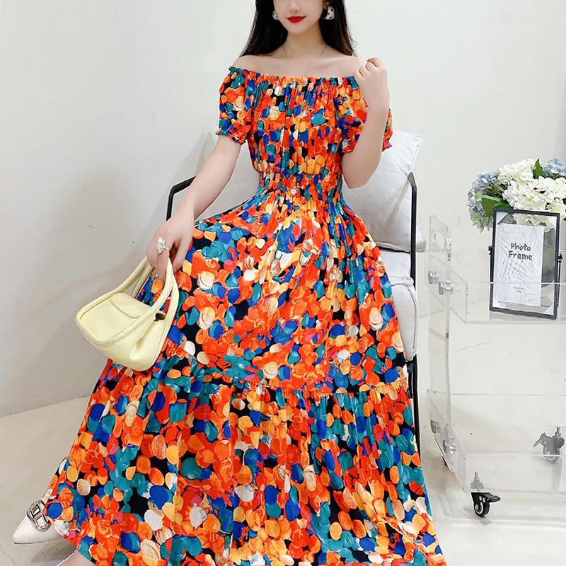 2024 Women's Beach Dress Short Sleeve Floral Dress Cotton Travel Vacation Bohemian Skirt Summer Halter