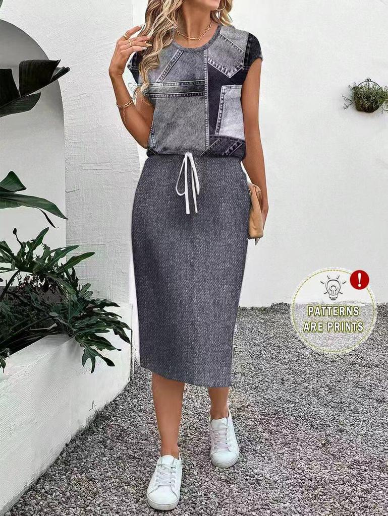 European & American Women's Casual Printed Short Sleeve Two-Piece Skirt Set