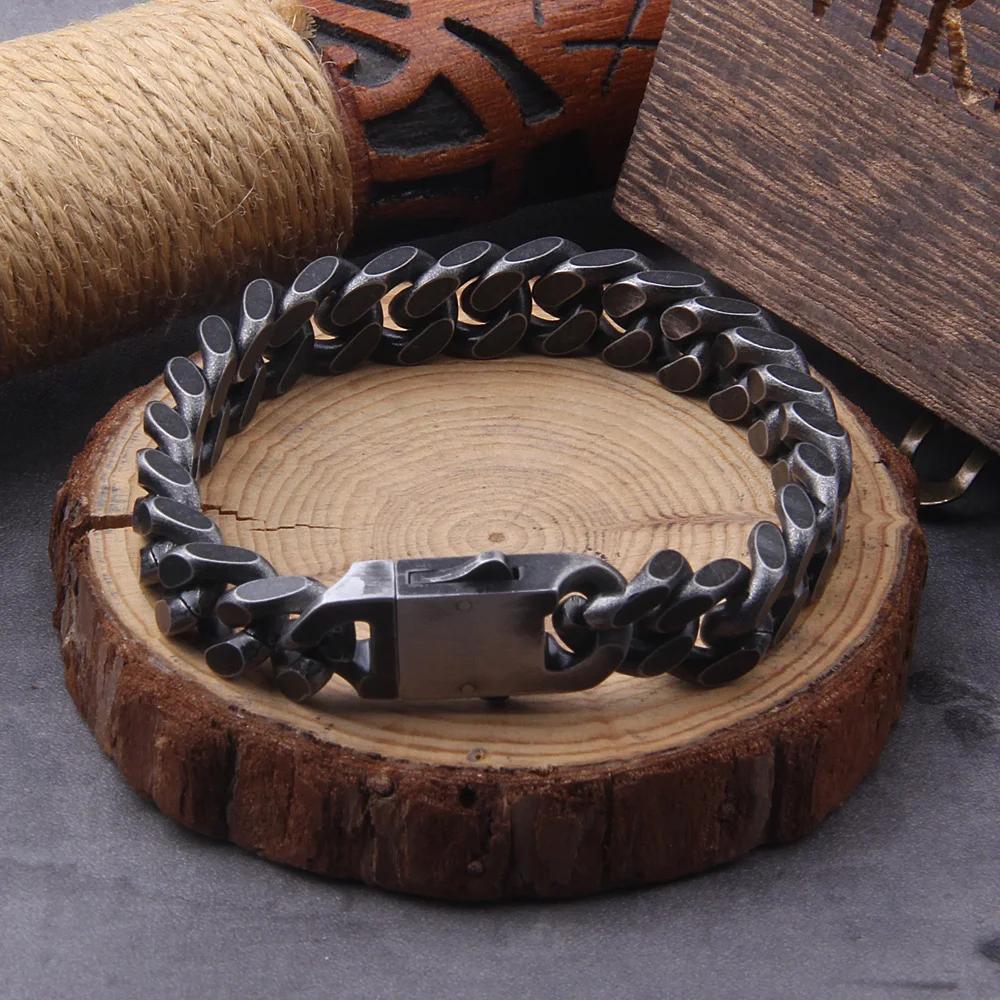 Retro Black Men's Bracelet Stainless Steel Curb Cuban Chain Hip Hop Fashion Handmade Jewelry, Men's Gift