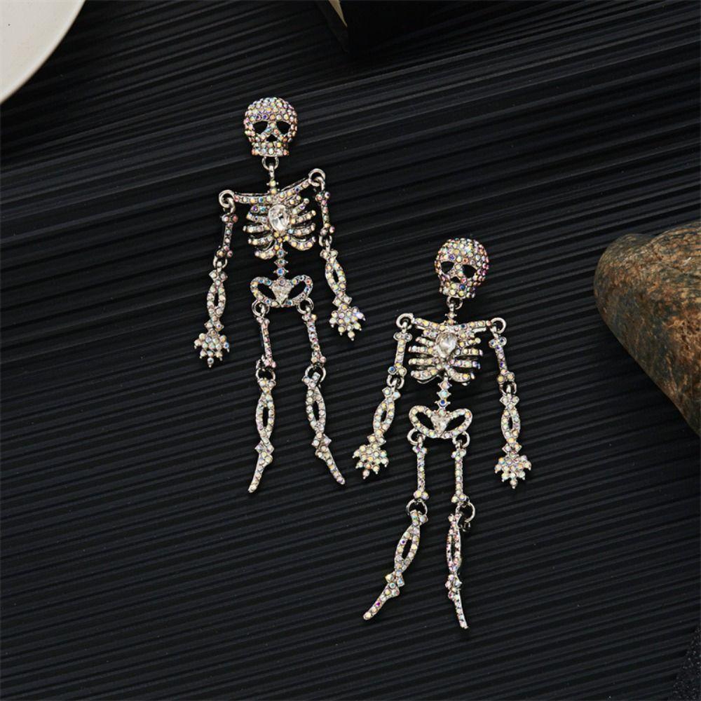 Shiny Skeleton Pendant Earrings Exaggerate Halloween Party Jewelry Rhinestone Skull Earrings  Lady