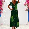 Women Plus Size V Neck Short Sleeve Dark Green Clover Printed Long Dress