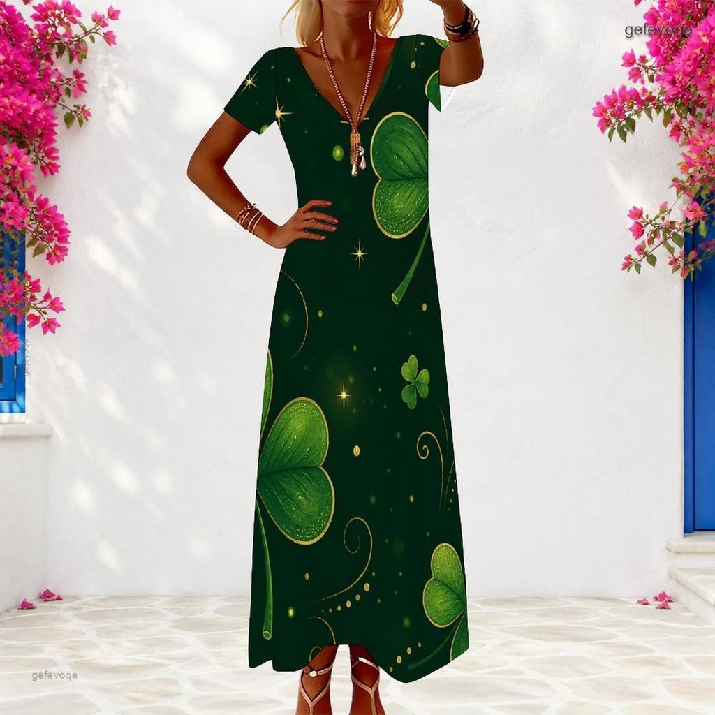 Women Plus Size V Neck Short Sleeve Dark Green Clover Printed Long Dress