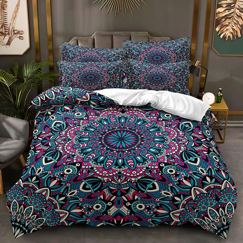 Boho Mandala Bedding Set, Hand-Drawn Queen Size Design,  Soft Microfiber duvet cover Pillowcases, Meditation & Yoga Decor, Gift