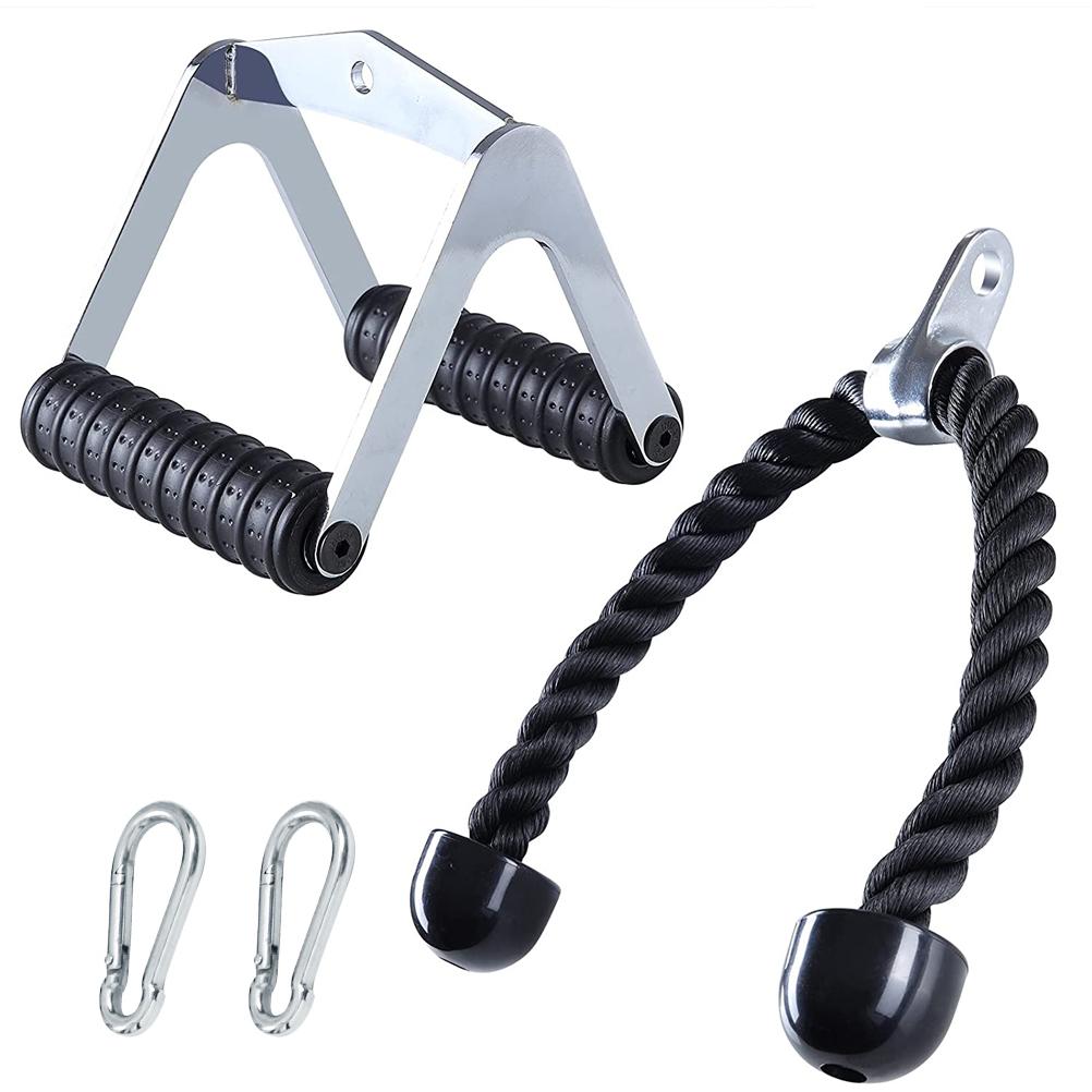 4 Pcs Nylon Triceps Rope and Chrome Rowing Parallel Grip with Carabiner Set Rowing High Pull Down Back Training Accessories