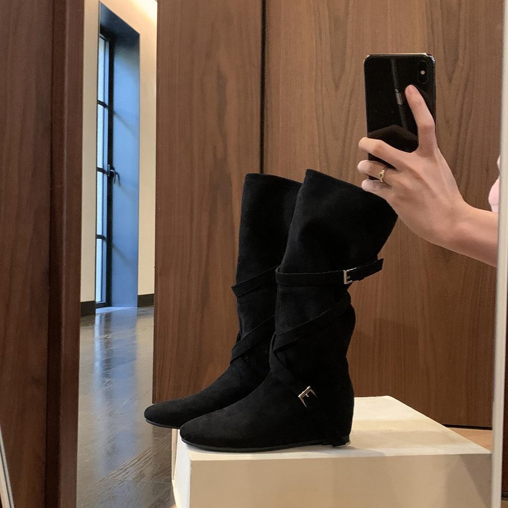 Cowhide Version Grape Mother Inner Height Increase 6cm Knight Boots Women's Cross Buckle Pleated Long Boots Slim Medium Boots