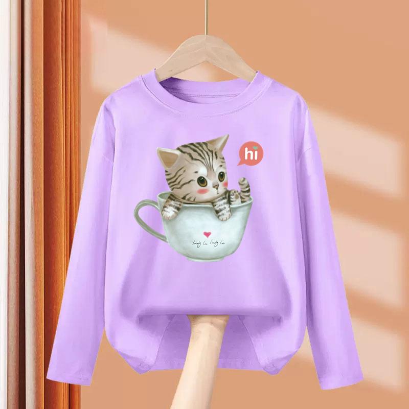 Kid Long Sleeves T-Shirt Fashionable Creativity Cartoon Kitty Cute Cat Print Autumn Casual Sports Versatile Comfortable Loose T-Shirt