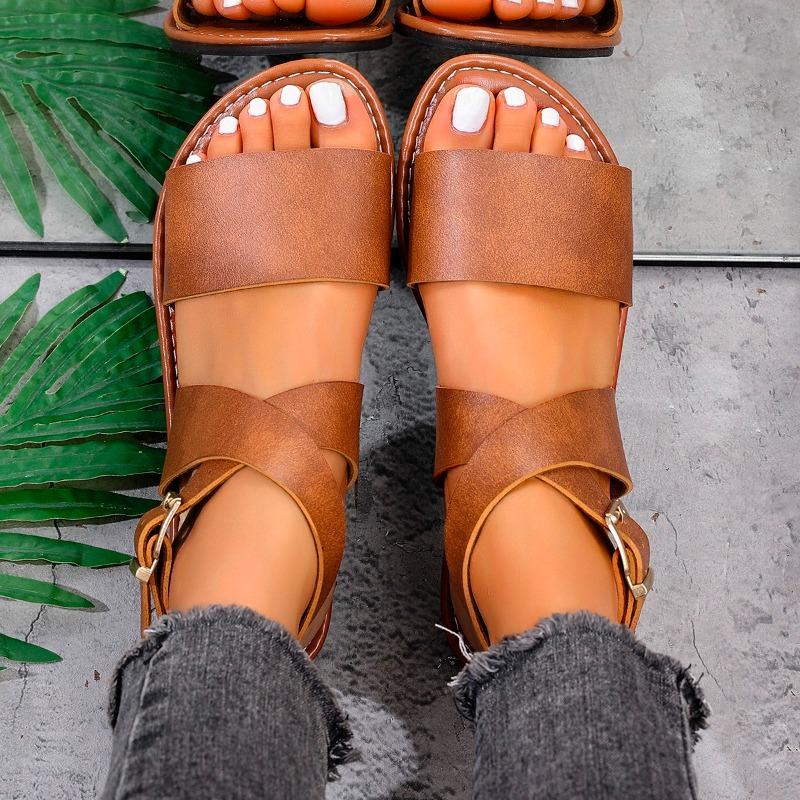 Plus Size New Crossover Strap Sandals Summer New Round Toe Lightweight Simple Temperament Soft Sole Roman Shoes