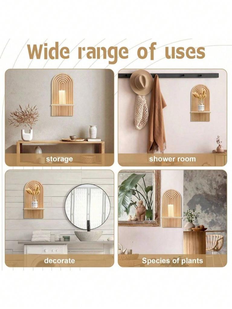 1/2pcs Wooden Wall-Mounted Decor Shelf, Bohemian Wall-Mounted Bookshelf, Boho Style Display Rack, Candle Holder For Living Room