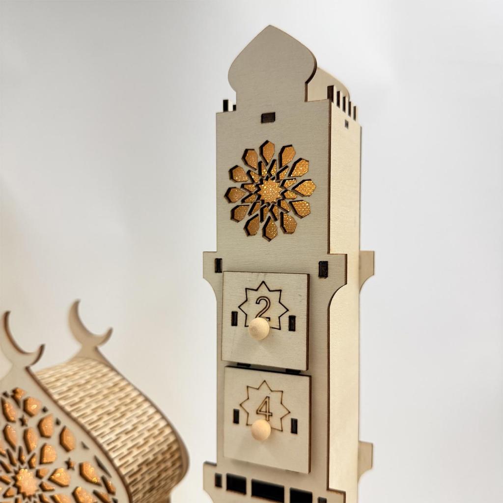 Home Holiday Countdown calendar Wooden Castle Shape Table Ornament wth Drawers 30 Days Fun Activity Calendar with Light
