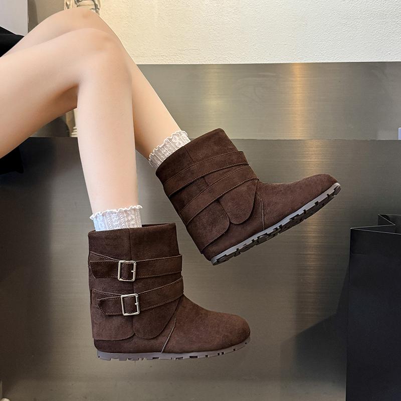 

Fashion Suede Inside Heightened Flat Boots Women s Fashion Round Toe Sleeve Metal Belt Buckle Non-Slip Booties 35