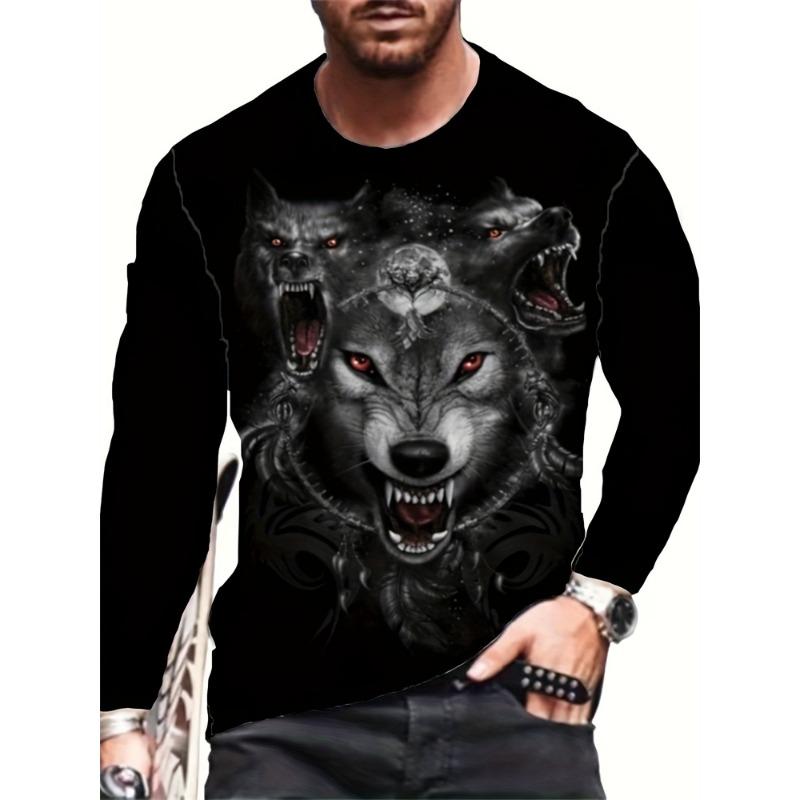 Animal Print Men's Long Sleeve T-shirt Spring And Autumn Men's Daily Casual Top 3D Wolf Print Men's Fashion Long Sleeve T-shirt