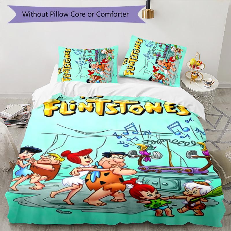 Flintstones 3pcs Bedding Set Duvet Cover Closure Includes 1 Duvet Cover & 2 Pillowcases for All Seasons Bedroom Home Dorm Decor