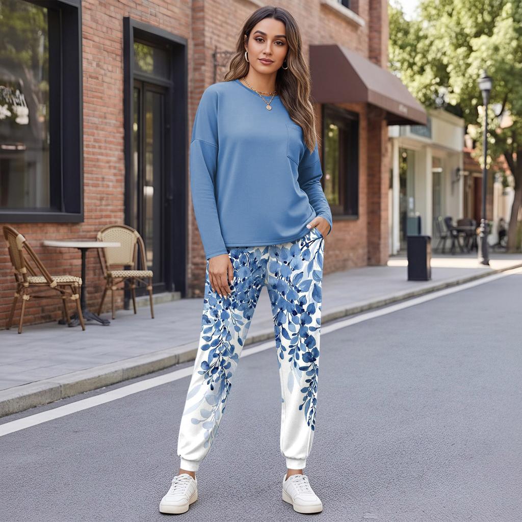 Women's Casual Loose Fit Printed Sweatshirt and Jogger Set with Chest Pocket - Round Neck 2 Piece Outfit for Daily Wear