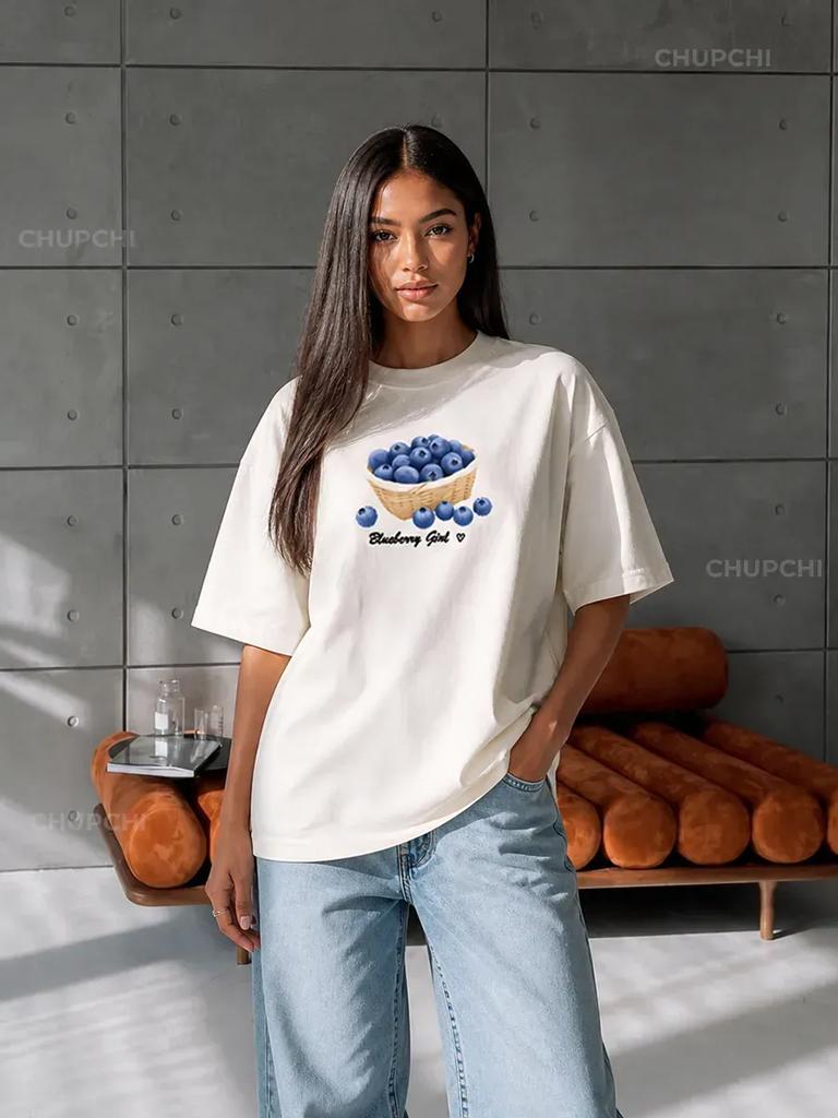 Thick Milky Oversized T-Shirt with Blueberry Print