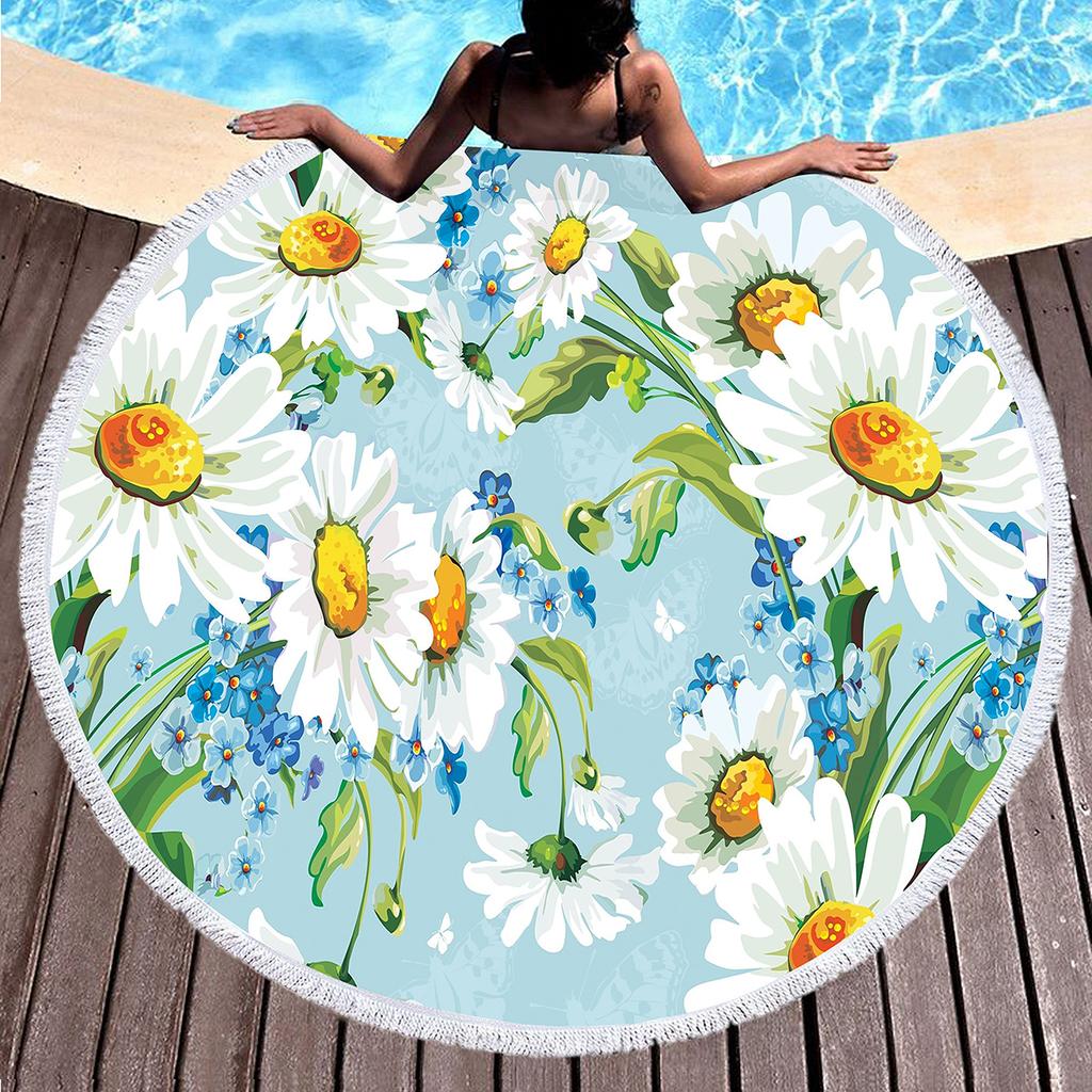 Botanical Daisy Floral Round Beach Towel,Microfiber Garden Flower Circle Beach Blanket,Roundie Yoga Meditation Mat Picnic Rug