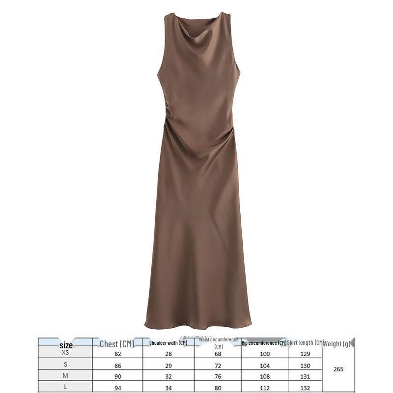 2024 European and American Fashion Black Silk Satin Midi Dress - Round Neck Sleeveless Design