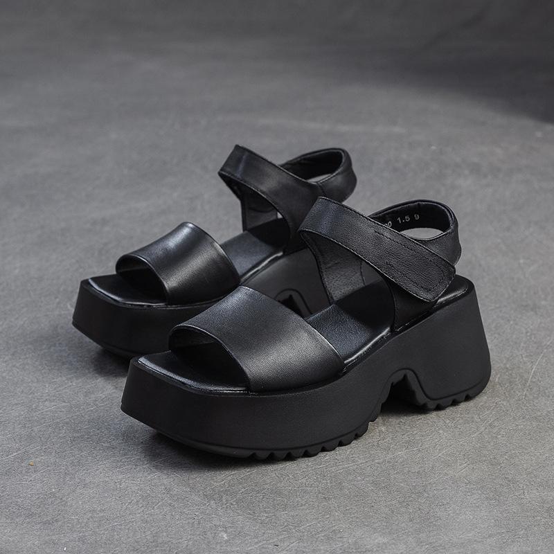 Fashion High Brand 7CM Cow Genuine Leather Sandals Boots Summer Women Hollow Pumps Peep Toe Flats Platform Wedge Booties Mary Jane Shoes