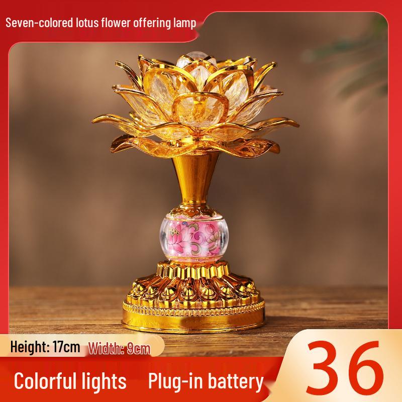 Seven-Color LED Rechargeable Buddha Offering Lamp - Lotus Design for Home and Guanyin Devotion.