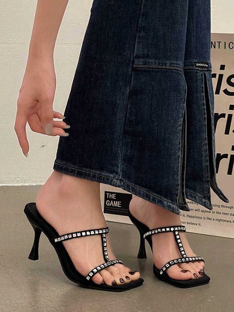 Internet celebrities ins the same rhinestone slippers women wear 2025 spring and summer new high heels slippers