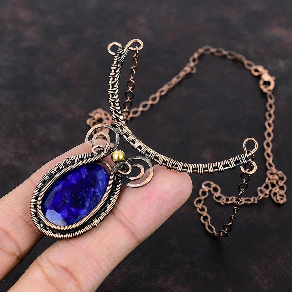 Faceted Blue Sapphire Necklace Copper Wire Wrapped Necklace Dainty Gemstone Jewelry Adjustable Necklace Handmade Copper Jewelry Wedding Gift