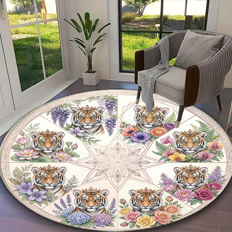 1pc Dark Floral Tigers Rug, Digital Printed Home Chair Sofa Mat, Durable Office Round Carpet, Beautiful Festival Decorations