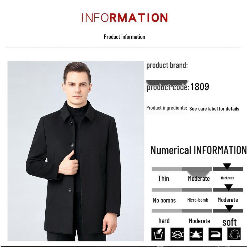 Men's Mid-Length Double-Faced Cashmere Wool Coat - Autumn/Winter Thick Tweed Jacket, Dad Style Trench Coat