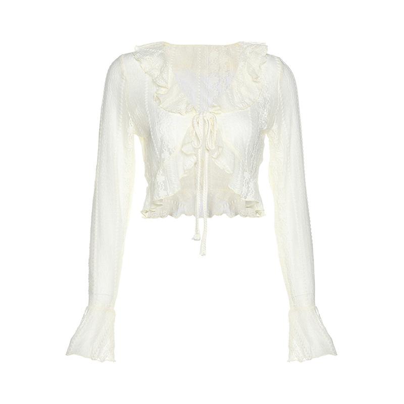 

Весенняя женская однотонная облегающая футболка в европейском и американском стиле с открытым пупком, модная футболка с длинными рукавами и деревянными краями ушей S абрикосовый