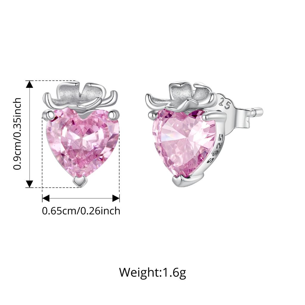 WOSTU 925 Sterling Silver Strawberry Heart Pink Zircon Stud Earrings For Girl Daily Wear Ear Studs Lovely Jewlery Birthday Gift