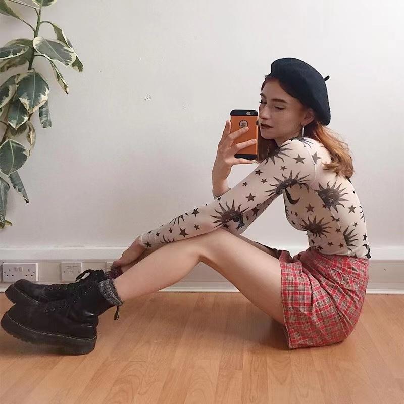 

Прозрачная сетчатая сексуальная футболка с принтом Солнца и Луны, женская тонкая базовая повседневная футболка с круглым вырезом и длинным рукавом, новинка весны L белый