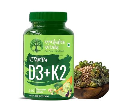 Vruksha Vitals Vit D3 & K2 100% RDA, 240 Tablets - For Adults & Kids - Plant Based Vitamin D3 600