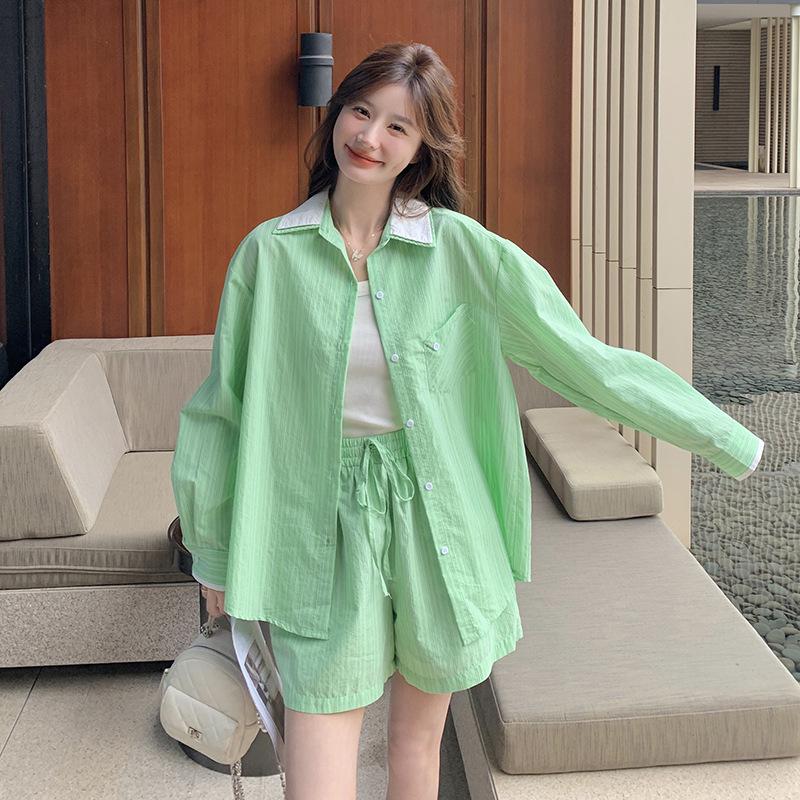 Spring/Summer Color Block Shirt & Elastic Waistband Shorts Set for Women