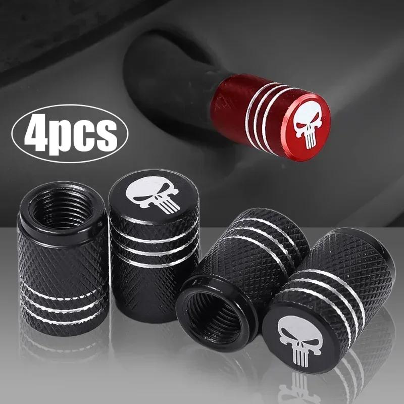 New 4pcs/pack Aluminum Alloy Valve Core Cover Creative Skull Head Logo Car Tire Valve Caps -with Sealant Pad Accessories Tools