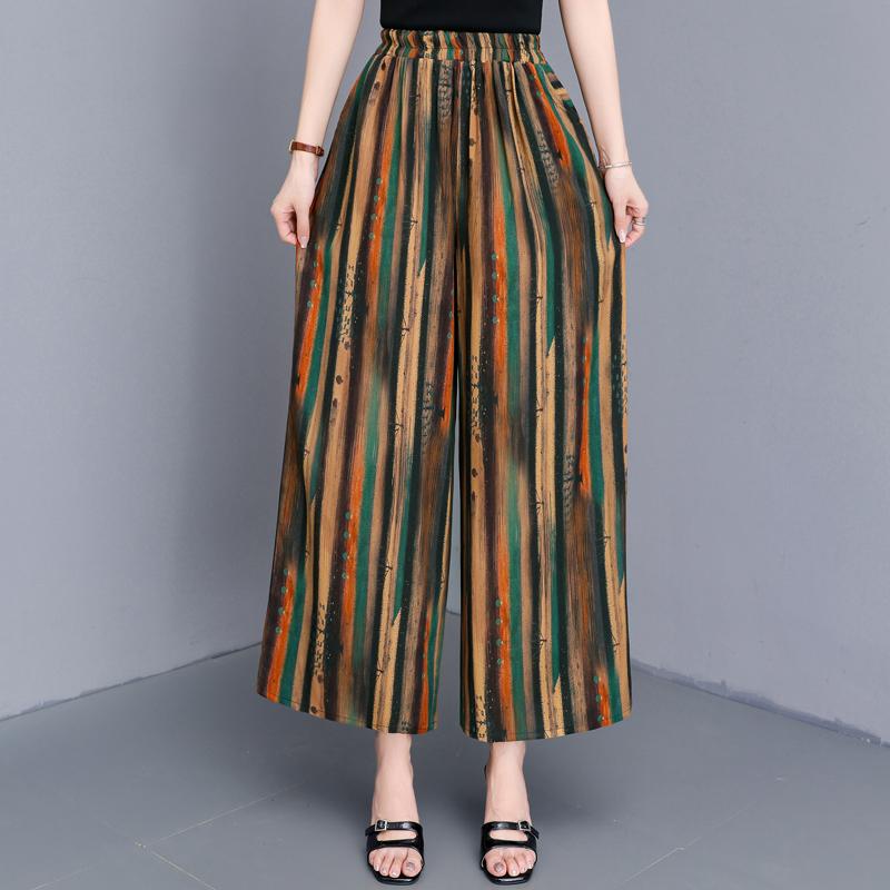 Women's Plus Size Cotton Silk Printed Wide Leg Pants, Elastic Waist Casual Summer Trousers (XL-5XL)