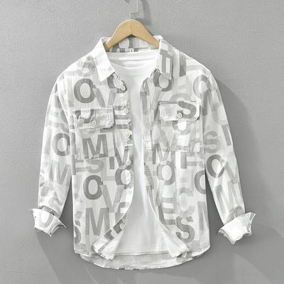 Einzigartiges Herrenhemd mit Buchstabenprint, Langarm, für Frühling und Herbst, High-End, Trendy, Vollprint, Arbeitskleidung, Lockere Jacke