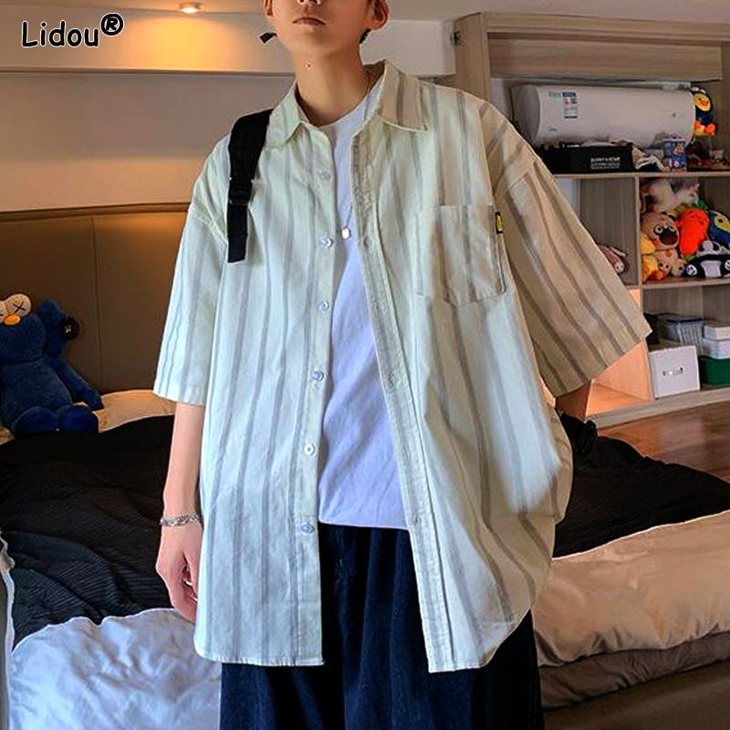 Streetwear Shirts Fashion Casual Striped Loose Handsome Turn-down Collar Elbow Sleeve Summer Man Button Pockets Men's Clothing