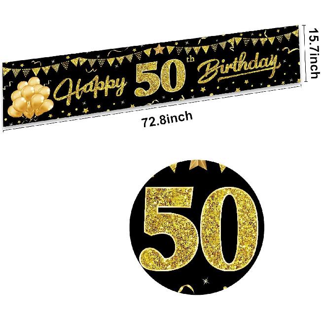 Happy 50th Birthday Banner Decorations, Black Gold 50 Birthday Sign Party Supplies for Men Women, Fifty Birthday Decor Photo Booth Props for Outdoor