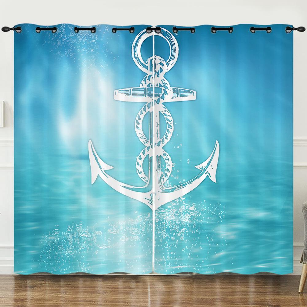 Curtains Nautical Anchor 3D Digital Printing Blinds Blackout Punching Can Be