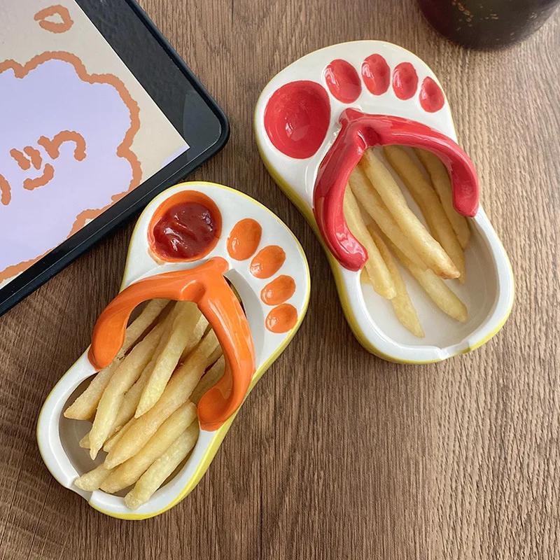 Cute Food Servering Bowl Ceramic Slipper Shape Mini French Fries Plate Flip Flops  Creative Ashtray Plate
