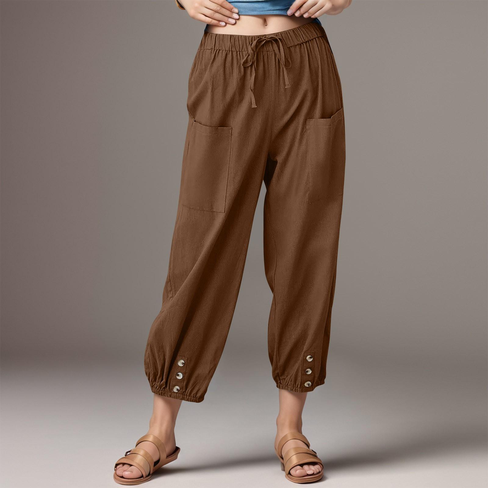 

Women s Fashionable Color Linen Cotton Pocket Leggings Elastic Casual Pants XXL коричневий