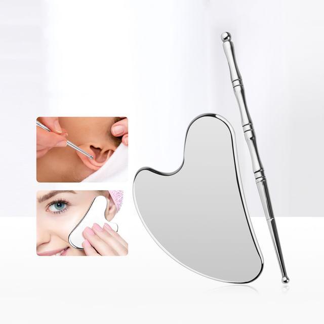Coolkiss - Набор: Скребок для лица из нержавеющей стали + Инструмент для массажа лица по рефлексологии Silver