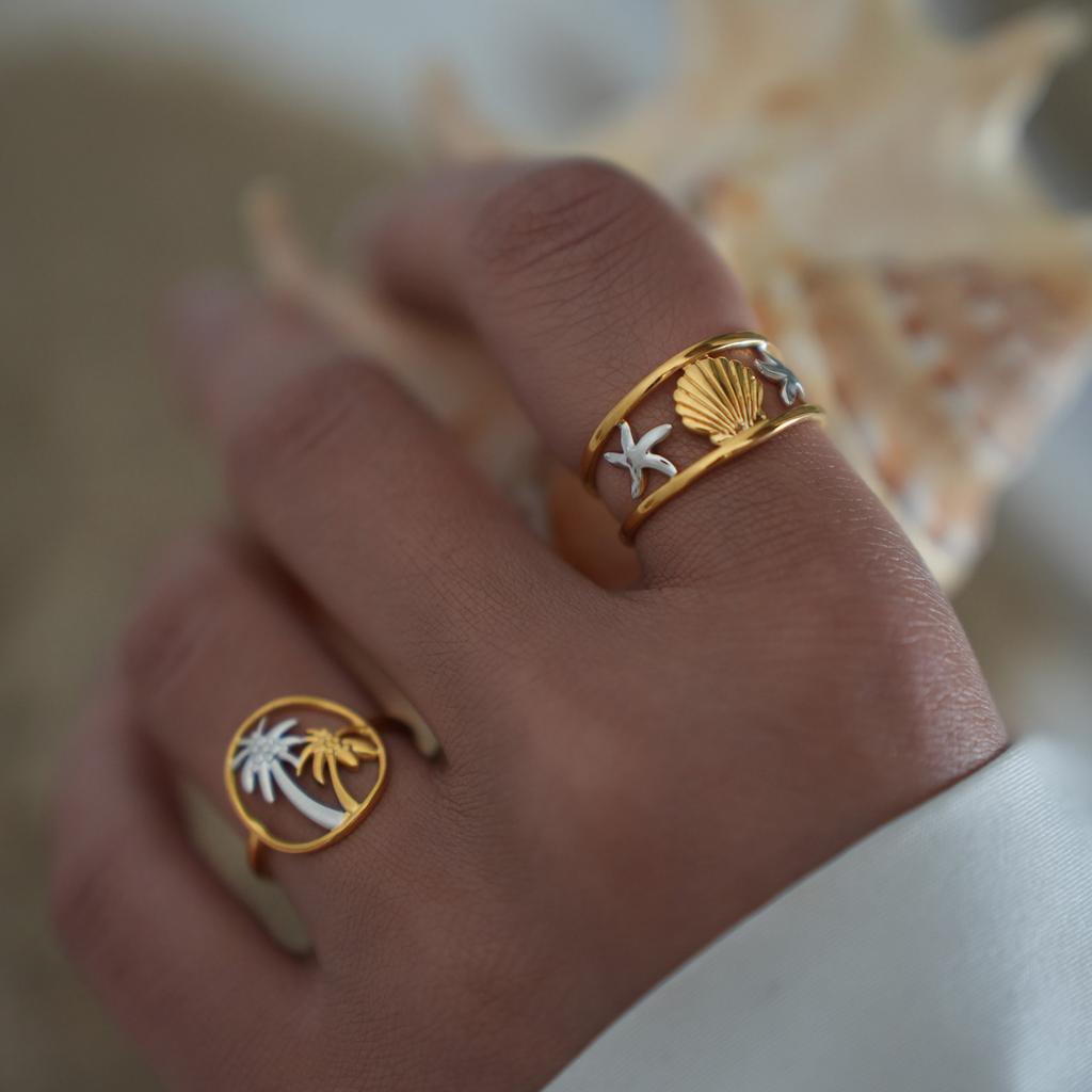 18K Gold-Plated Stainless Steel Rings Waterproof Minimalist Party Gift Coconut Tree Starfish Shell Ring ,For Vacation,Waterfront