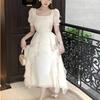 French Dress 2026 Spring and Summer New Square Collar Design Sense Niche Fairy Mesh Long Dress Ruffle Edge Fairy Skirt