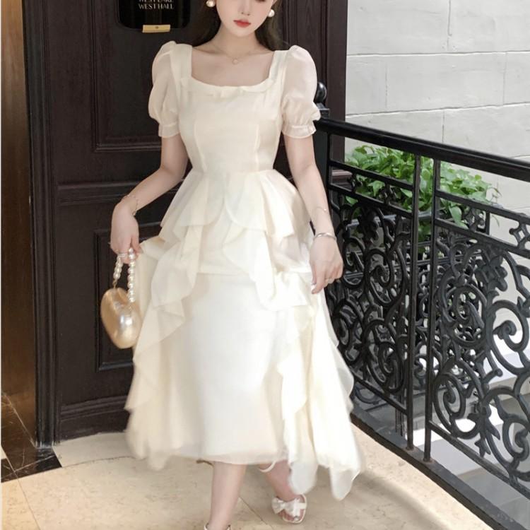 French Dress 2026 Spring and Summer New Square Collar Design Sense Niche Fairy Mesh Long Dress Ruffle Edge Fairy Skirt