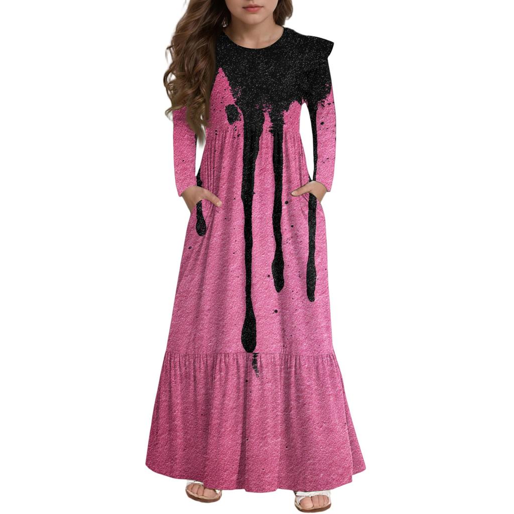 Girls' Tiered Ruffle Dress Halloween Day - Long Sleeve Printed Maxi With Pockets