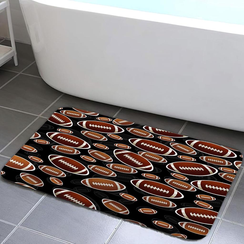 American Football Bath Mat, Black Abstract Wall Art Print Football Bathroom Rug for Coaches and Fans, Man Cave Decor Door Mat Kitchen Toilet Floor
