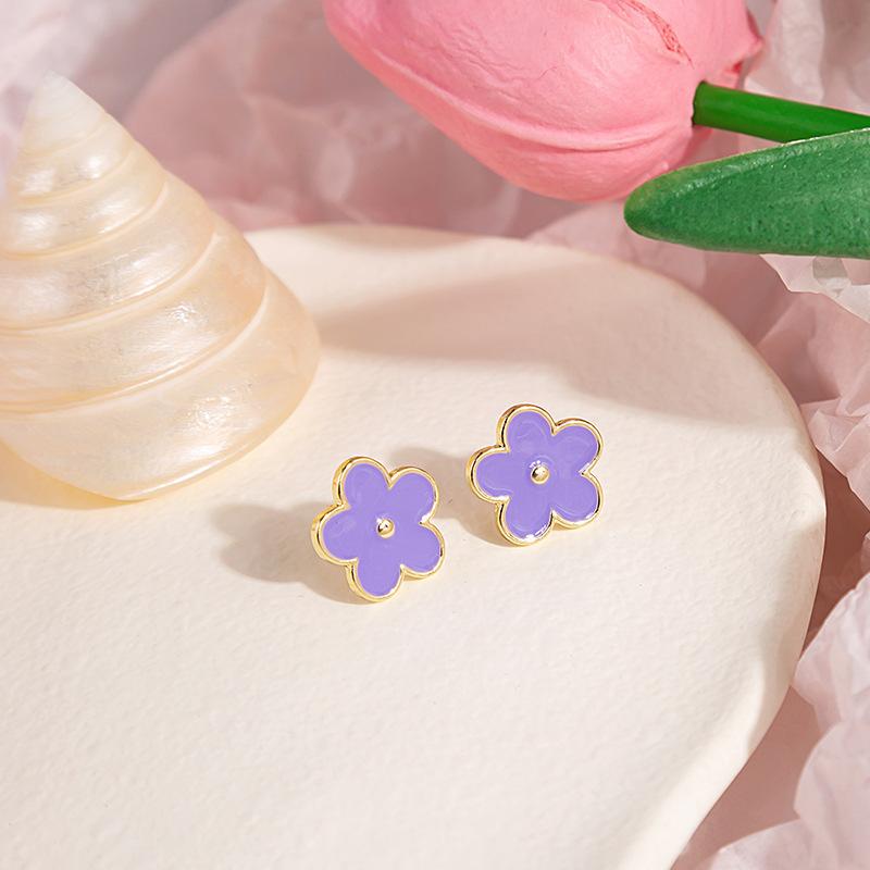 Retro Purple Glazed Flower Butterfly Crystal Stud Earrings Fringed Super Fairy Pink Peach Heart Collection Earrings